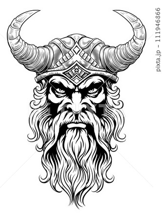 Viking Warrior Man Strong Mascot Face in Helmet 111946866