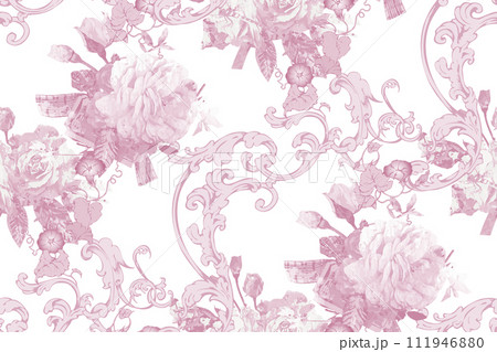 Seamless abstract floral pattern. In style Toile de Jou. Suitable for fabric, mural, wrapping paper and the like Seamless abstract floral pattern. In style Toile de Jou. Suitable for fabric, mural, wrapping paper and the like 111946880