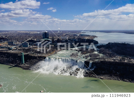 Niagara Falls, Ontario, Canada. Aerial view of Niagara Falls from Skylon Tower, Ontario, Canada. 111946923