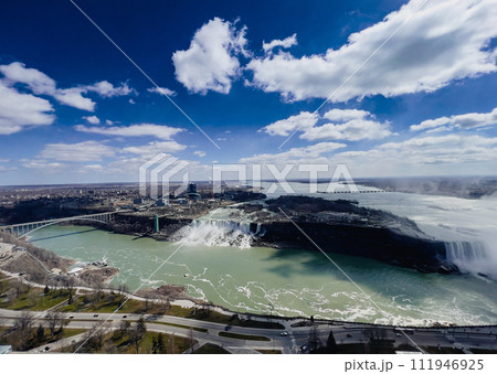 Niagara Falls, Ontario, Canada. Aerial view of Niagara Falls from Skylon Tower, Ontario, Canada. 111946925