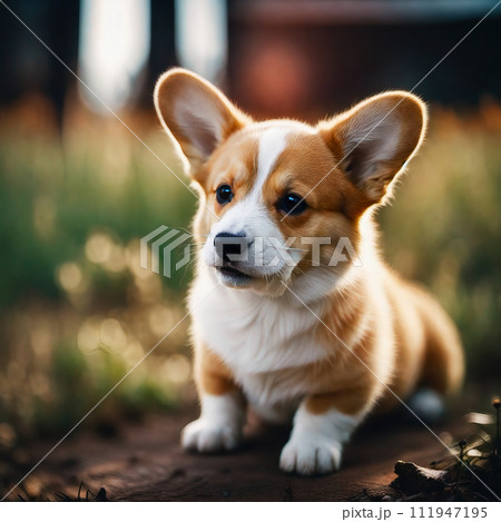 Close up of cute puppy dog welsh corgi sitting on ground Close up of cute puppy dog welsh corgi sitting on ground 111947195