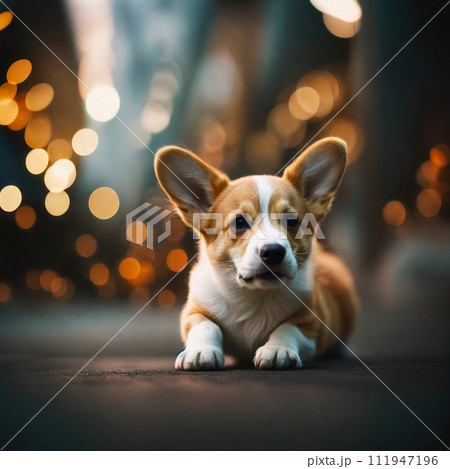 Close up of cute puppy dog welsh corgi sitting on ground 111947196