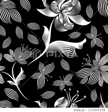 White flowers on a black background. hand drawing. Not AI, Vector illustration 111947236