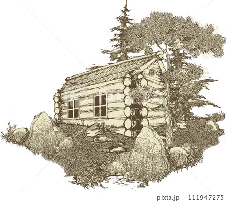 Scenery. Lodge cabin in the middle of the forest. Housing of the first settlers. 111947275