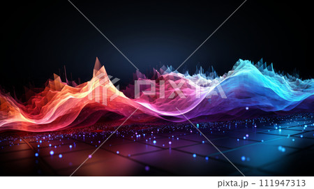 Colorful waves connected lines and dots on dark background. Bid data concept. 111947313