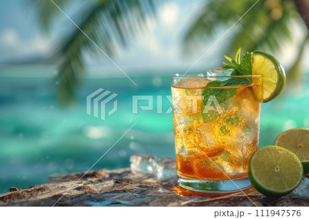 Refreshing Summer Cocktail with Palm Trees and Blue Sea: The Perfect Getaway 111947576