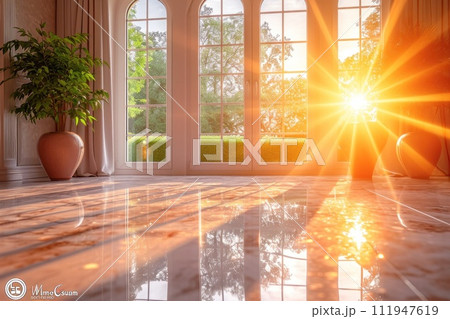 The sunlight of the morning fills the clean floor with bright rays 111947619