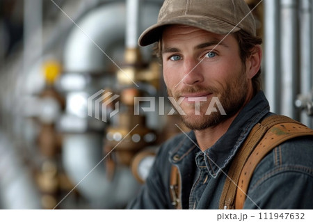 Smiling engineer among industrial lines 111947632