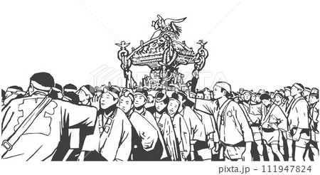 Illustration of Japanese festival procession in black and white Illustration of Japanese festival procession in black and white 111947824