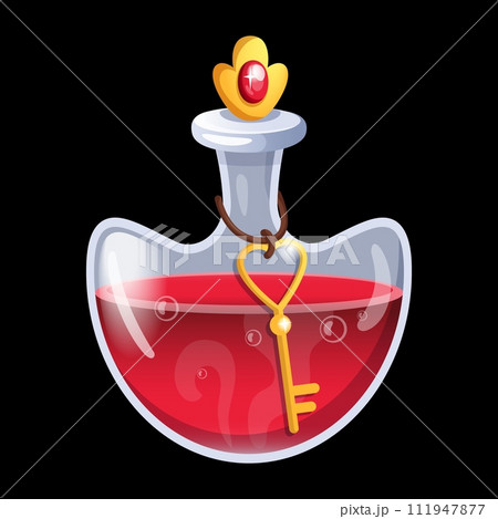 Love potion. Transparent bottle with red liquid and golden key. Magic beverage game interface isolated element. Fantasy witch alchemy substance. GUI icon. Cartoon flat style isolated illustration 111947877