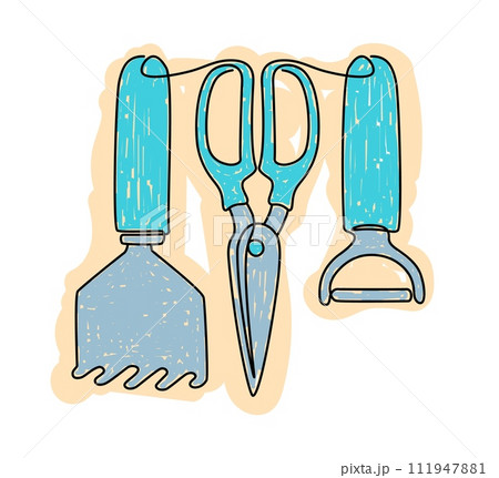 Kitchen tools. Household kitchenware. Utensil for food preparation. Cooking scissors. Vegetable peeler. Metal spoon. Chef ladle. Continuous line simple drawing. Domestic cookware objects vector set 111947881