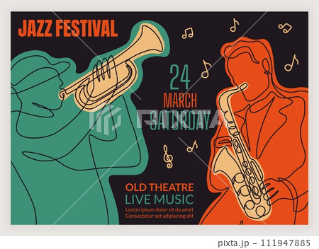Jazz band poster. Party invitation. Music concert. Musical festival performance. Musicians play saxophone and trumpet. Color line drawing. Nightlife entertainment placard. Vector retro design banner Jazz band poster. Party invitation. Music concert. Musical festival performance. Musicians play saxophone and trumpet. Color line drawing. Nightlife entertainment placard. Vector retro design banner 111947885