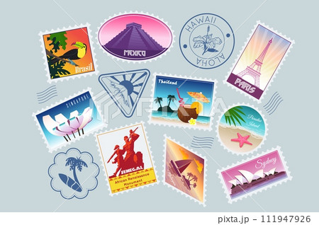Postal stamp. Passport trip seal. Travel emblem. Visa country. Vintage airport symbol. International vacation map. Airplane flight. Frame label. Summer tropical beach sign. Vector tourism icons set Postal stamp. Passport trip seal. Travel emblem. Visa country. Vintage airport symbol. International vacation map. Airplane flight. Frame label. Summer tropical beach sign. Vector tourism icons set 111947926