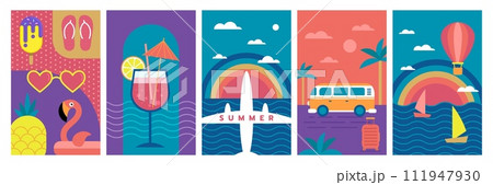Summer beach fun poster. Holiday party. Abstract pattern. Vacation at sea. Tropical event. Cocktail and exotic fruits. Summertime travel tour. Auto van trip. Geometric design frame. Vector banners set 111947930