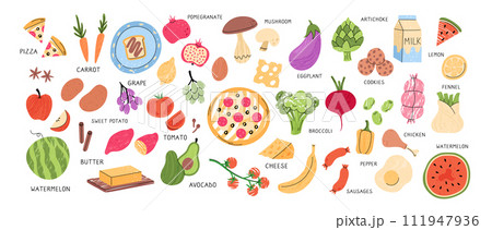 Food ingredient. Cooking product. Apple and pizza. Watermelon on plate. Beetroot or broccoli. Healthy nutrition. Ripe pomegranate. Cute pattern. Illustration art background. Vector garish abstract set Food ingredient. Cooking product. Apple and pizza. Watermelon on plate. Beetroot or broccoli. Healthy nutrition. Ripe pomegranate. Cute pattern. Illustration art background. Vector garish abstract set 111947936
