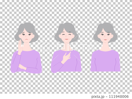 Upper body illustration set of a beautiful and clean senior woman's worries, joys, and a straight face Upper body illustration set of a beautiful and clean senior woman's worries, joys, and a straight face 111948006