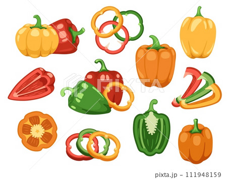 Sliced bell pepper. Fresh raw red green yellow capsicum vegetable, top view of sliced ripe organic spicy paprika, healthy vegan food. Vector collection Sliced bell pepper. Fresh raw red green yellow capsicum vegetable, top view of sliced ripe organic spicy paprika, healthy vegan food. Vector collection 111948159
