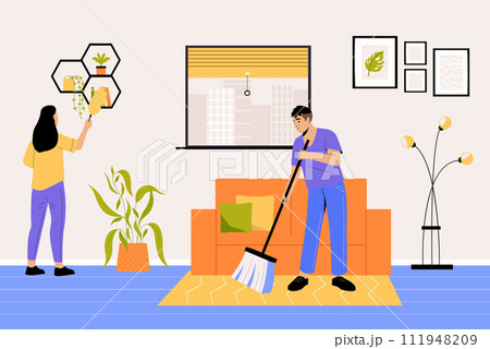 Man and woman doing household chores, domestic activities 111948209