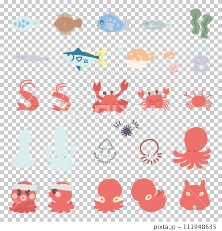 An illustration set of simple deformed sea creatures such as various fish and octopuses. 111948635