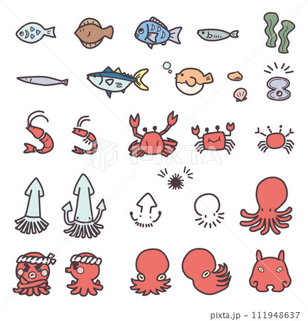 様々な魚やタコなど海の生き物をシンプルにデフォルメしたイラストセット 様々な魚やタコなど海の生き物をシンプルにデフォルメしたイラストセット 111948637