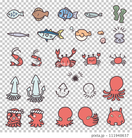 一組簡單變形的海洋生物（例如各種魚和章魚）的插圖。 111948637