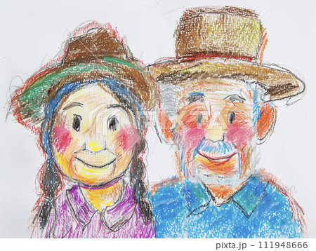 クレヨンで描いたシニアの似顔絵 AI画像のイラスト素材 [111948666