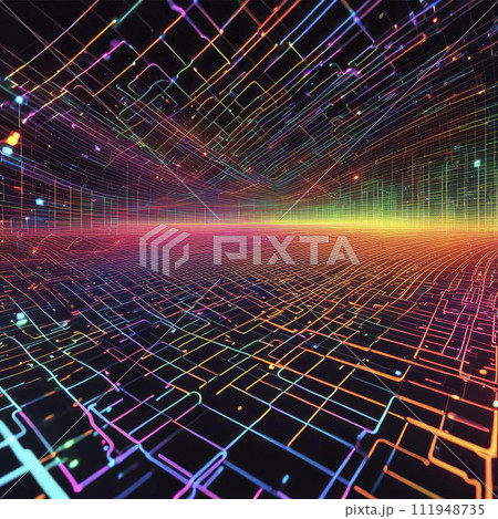 Horizontal sine waves sound vibrations, hi-tech, technology, bright colors, abstract background, science fiction, 3D shading 111948735