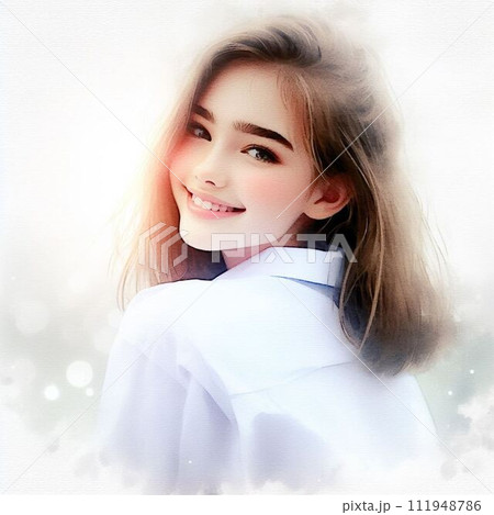 AI生成による水彩画風で描かれた美しい女性のイラスト画像です。とても可愛らしく透明感があります。 111948786