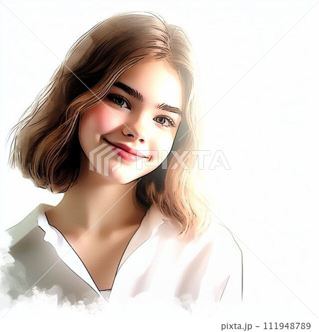 AI生成による水彩画風で描かれた美しい女性のイラスト画像です。とても可愛らしく透明感があります。 AI生成による水彩画風で描かれた美しい女性のイラスト画像です。とても可愛らしく透明感があります。 111948789