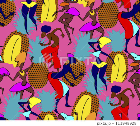 Colorful seamless pattern with application dancing african people and pineapple for your design Colorful seamless pattern with application dancing african people and pineapple for your design 111948929