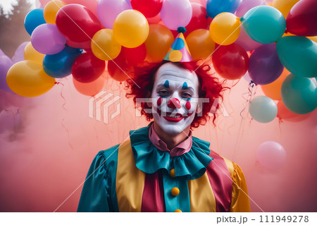Realistic photo close up of a clown with smile in colorful balloons and misty foggy background 111949278