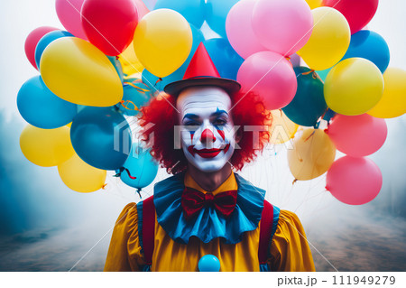Realistic photo close up of a clown with smile in colorful balloons and misty foggy background 111949279