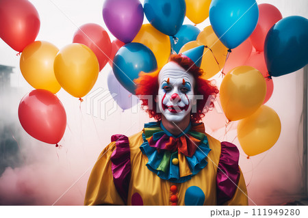 Realistic photo close up of a clown with smile in colorful balloons and misty foggy background 111949280