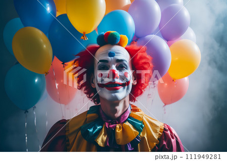 Realistic photo close up of a clown with smile in colorful balloons and misty foggy background 111949281