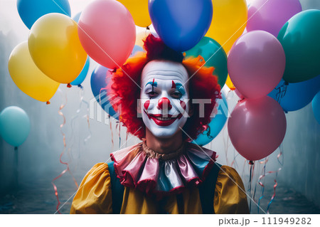 Realistic photo close up of a clown with smile in colorful balloons and misty foggy background 111949282