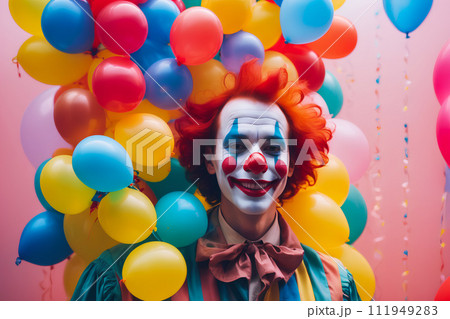 Realistic photo close up of a clown with smile in colorful balloons background 111949283