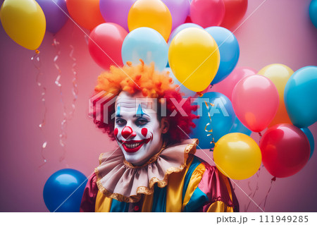 Realistic photo close up of a clown with smile in colorful balloons background 111949285