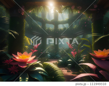 Landscape illustration of jungle with flowers 111949310
