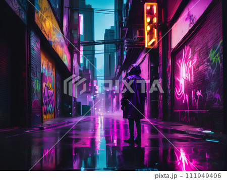 Landscape illustration of neon vaporwave cyberpunk street with graffiti on wall Landscape illustration of neon vaporwave cyberpunk street with graffiti on wall 111949406