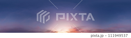 Dark Sunset sky panorama with glowing pink Cirrus clouds. HDR 360 seamless spherical panorama. Full zenith or sky dome in 3D, sky replacement for aerial drone panoramas. Climate and weather change. 111949537