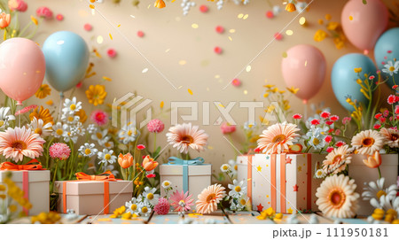 promotional card illustration for big opening beige background with gift boxes, spring flowers promotional card illustration for big opening beige background with gift boxes, spring flowers 111950181