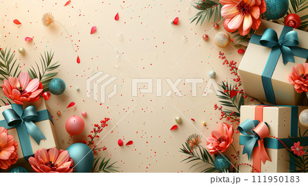 promotional card illustration for big opening beige background with gift boxes, spring flowers promotional card illustration for big opening beige background with gift boxes, spring flowers 111950183