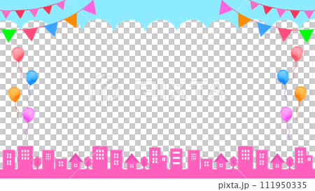 Spring event frame cityscape, garland and balloons 16:9 111950335