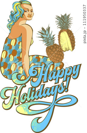 Vintage style. Lettering Happy Holiday and a beautiful girl in a bright dress. Vintage style. Lettering Happy Holiday and a beautiful girl in a bright dress. 111950337