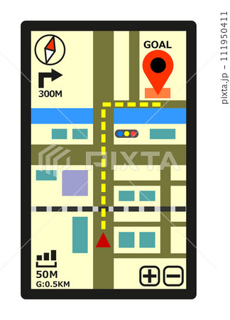 スマホやタブレットで地図アプリを利用して目的地に向かうイラスト 111950411
