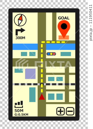 スマホやタブレットで地図アプリを利用して目的地に向かうイラスト 111950411