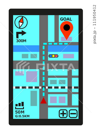 スマホやタブレットで地図アプリを利用して目的地に向かうイラスト 111950412