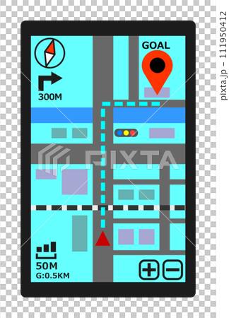スマホやタブレットで地図アプリを利用して目的地に向かうイラスト 111950412
