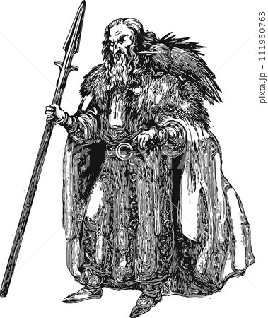 Odin. Ancient Scandinavian god. Viking. Engraving style. Isolated illustration for banner, background, card, book, tatto, t-shirt, poster. 111950763