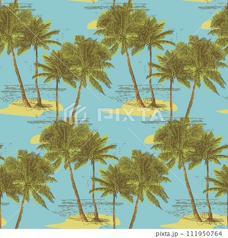 Palm trees and sea. Seamless abstract pattern. Fashion textiles, fabric, packaging. 111950764